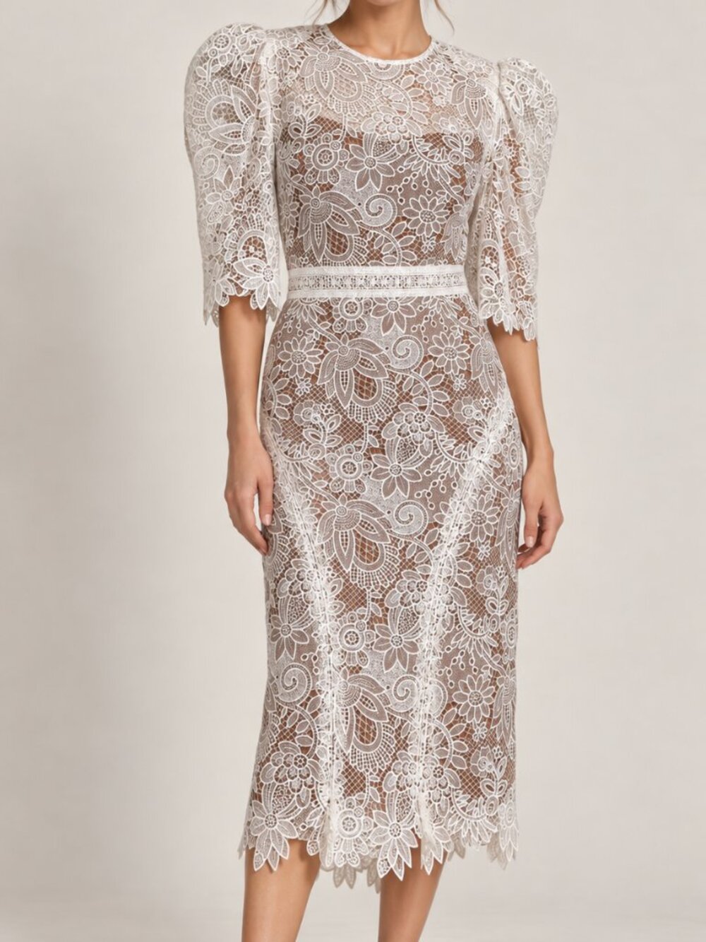 Bronx & Banco Madeleine White Lace Puff Sleeve Midi Dress Size M US 6
